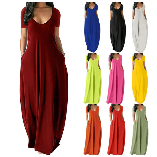 🔥Summer cool-down deal: just £13.99!💃Women's Round Neck Short Sleeve Casual Soft Fabric Long Dress