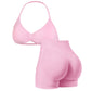 🥳2026 HOT SALE🥳💞50K+ SOLD!🥳💕 50% OFF! Halter Top & High-Waisted Shorts Set – Gentle tummy control, breathable seamless fabric. Butt‑shaping design, no roll‑down. Perfect for yoga or summer walks. 👙✨