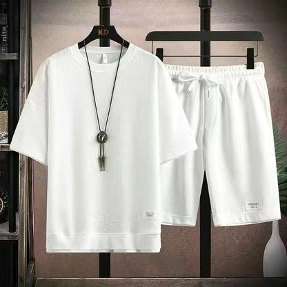 Waffle Fabric Short Sleeve T-Shirt 2-Piece Set