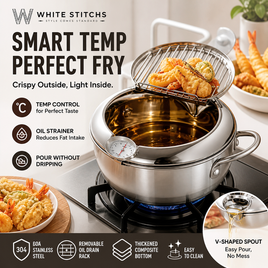 🎁2026 New Arrivals 50% OFF💥201 Stainless Steel Tempura Fryer Pot – Thermometer, Drain Rack, Deep‑Body ✨