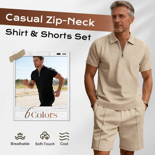 📢📢50% OFF !! ⏰ Summer Casual Zip-Neck Shirt & Shorts Set – Breathable, stylish & perfect for hot days – lightweight 2-piece comfort 🩳