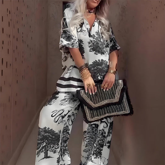 👚50% OFF NOW! 🌸 Women's Casual Printed V-Neck Set – Soft & Breathable – V-Neck Top & Long Pants 🍃