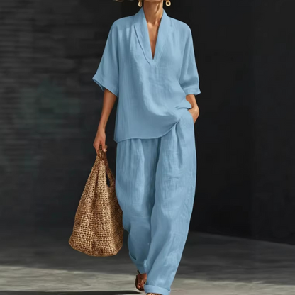 ⏳Limited-time 50% off⏰Women's Casual V-Neck Top and Wide-Leg Trousers Set👚👖