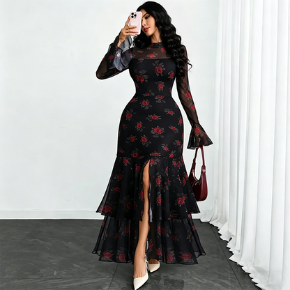 🌹 LIMITED-TIME 50% OFF! ✨ Women's Bell Sleeve Maxi Dress – Sheer, High-Slit, Elegant ✨