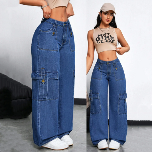 🔥While Supplies Last 50% OFF!🎉 High-Waist Denim Cargo Wide-Leg Pants