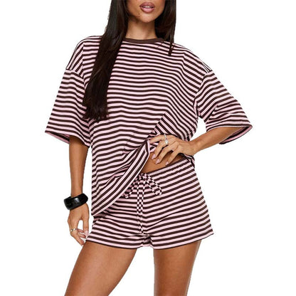 🏝️ LIMITED-TIME 50% OFF! ✨ Women's Oversized Striped T-Shirt & Shorts Set – Lounge, Casual, Cool 😎