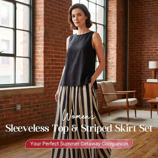 👗 50% OFF NOW!🥂 Women's 2-Piece Set – Sleeveless Top & Striped Skirt – Effortless Chic 🌊