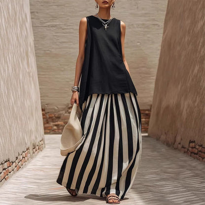 👗 50% OFF NOW!🥂 Women's 2-Piece Set – Sleeveless Top & Striped Skirt – Effortless Chic 🌊