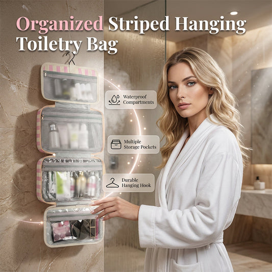 🧳 LIMITED-TIME 50% OFF! ✨ Striped Hanging Travel Toiletry Bag – 4 Compartments, Water-Resistant, Foldable 🚿