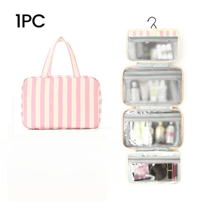 🧳 LIMITED-TIME 50% OFF! ✨ Striped Hanging Travel Toiletry Bag – 4 Compartments, Water-Resistant, Foldable 🚿