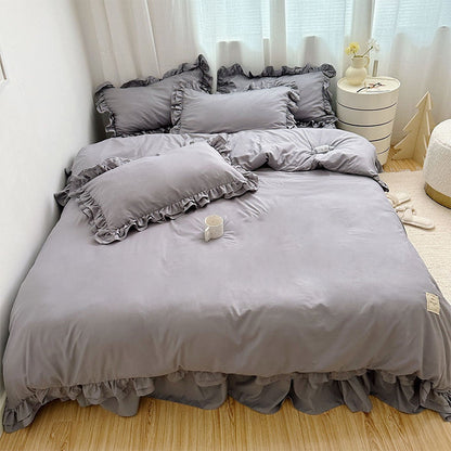 Simple Solid Color 4-Piece Bedding Set with Ruffled Borders