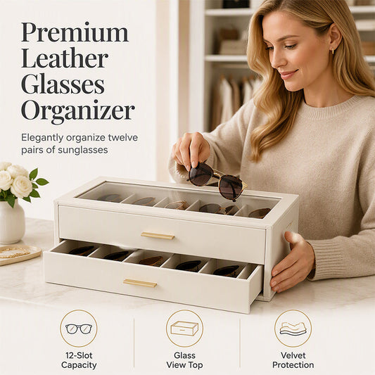 🎁2026 New Arrivals 50% OFF💥🕶️ Sunglasses Organizer Box: PU Leather, Velvet Lining, Glass Window, Multi-Slot