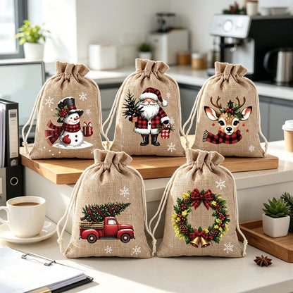 🎁2026 New Arrivals 50% OFF💥Christmas Drawstring Gift Bags – Rustic Burlap X‑mas Sack Pouches, Santa Snowman Reindeer Print, Reusable Holiday Candy Treat Bags for Gift Wrapping & Party Favors