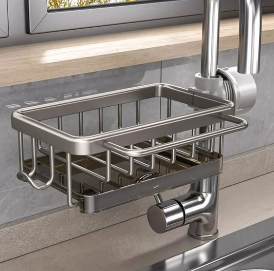 🎁2026 New Arrivals 50% OFF💥 Faucet Sponge Holder Rack – space aluminum, rustproof, fast-drying, no tools. Organize sink & bathroom instantly! 🛡️✅
