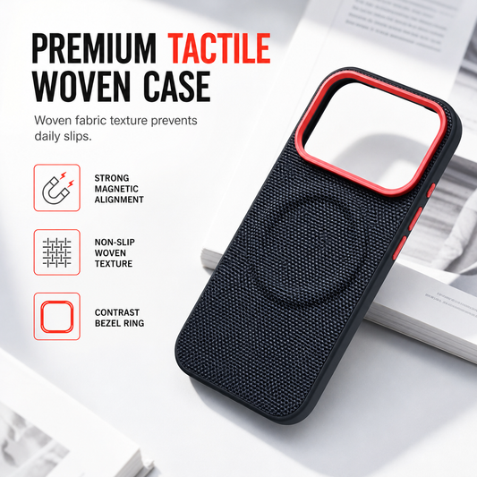 🎁2026 New Arrivals 50% OFF💥 Magnetic Woven Texture Phone Case with Gold Trim – Anti-Slip, Shockproof, Wireless Charging ✨