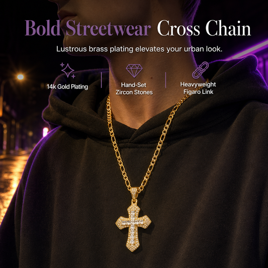 🎁2026 New Arrivals 50% OFF💥Hip Hop Double Layer Baguette Rhinestone Cross Brass with Figaro Chain