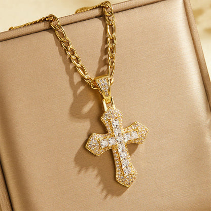 🎁2026 New Arrivals 50% OFF💥Hip Hop Double Layer Baguette Rhinestone Cross Brass with Figaro Chain